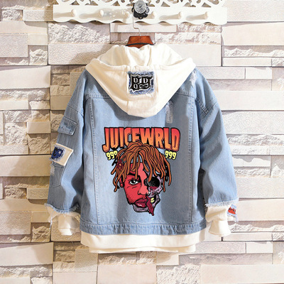 新款美手juice wrld印花时尚宽松男女连帽假两件牛仔外套上衣