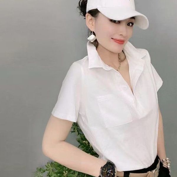 夏季女士T恤短袖翻领韩版洋气纽扣polo衫棉纯色宽松显瘦减龄上衣