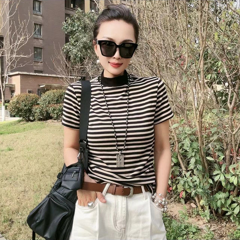 正肩半高领黑白条纹夏季T恤短袖女休闲百搭纯棉修身显瘦上衣减龄