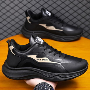 防滑男鞋 保罗柏妮丝2026新款 黑色运动鞋 皮面防滑厚底休闲鞋 春男鞋
