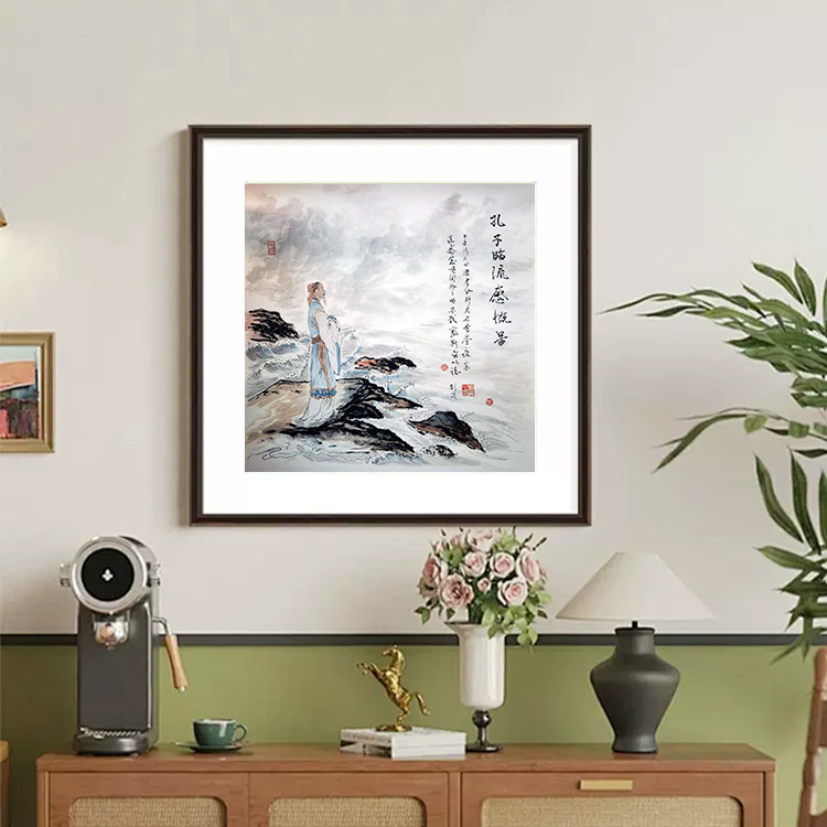 手绘孔子人物国画茶室斗方挂画中式书房玄关高山无框挂画装饰字画