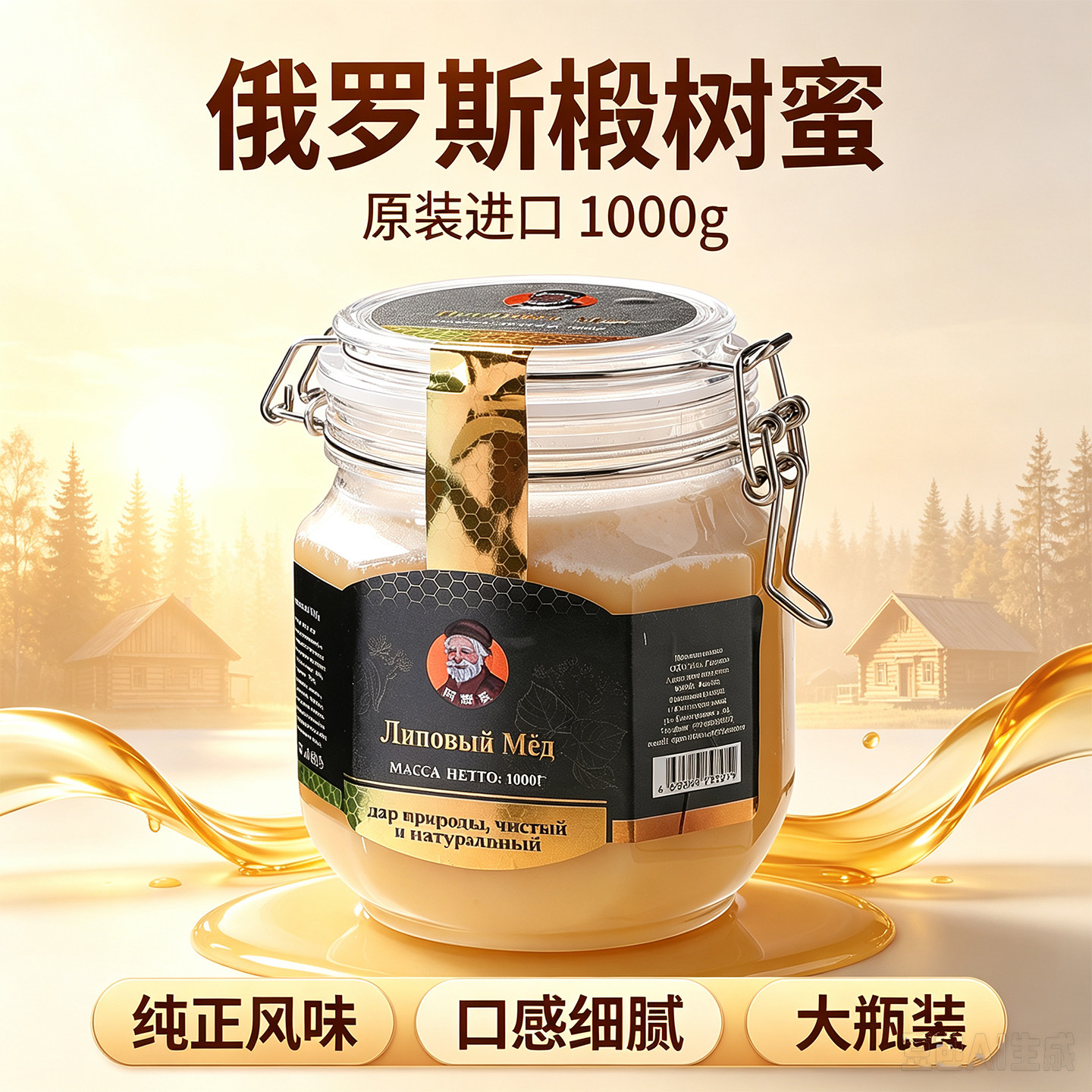俄罗斯椴树蜜原装进口纯正天然雪蜜百花蜜大瓶装蒲公英蜂蜜1000g