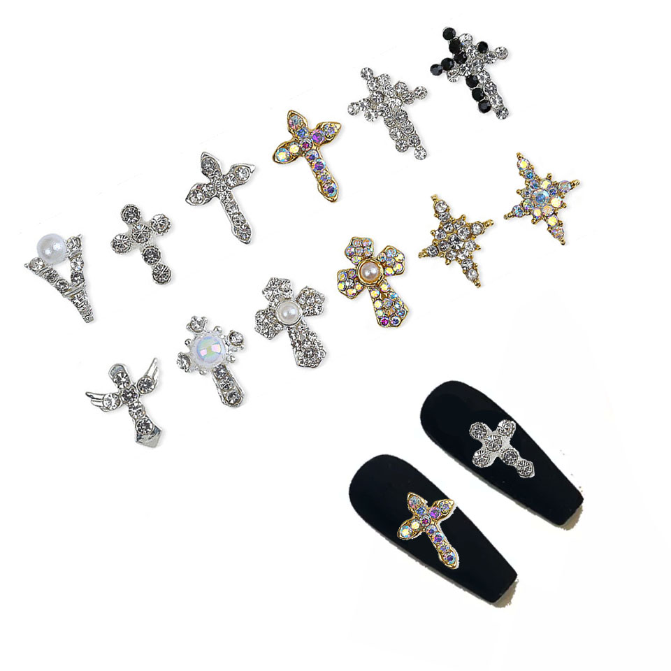 10Pcs Cross Nail Charm Luxury Lnlaid Diamond Pearl Nail Art