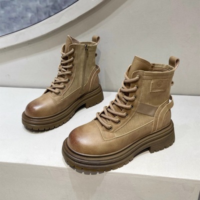 日本品质马丁靴女中性风2025春秋新款爆款圆头复古工装靴单靴薄绒