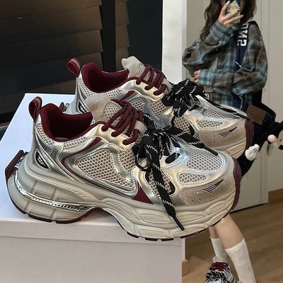 日本品质ins潮香港安可拉红网面老爹鞋女圆头厚底2025春秋新款时