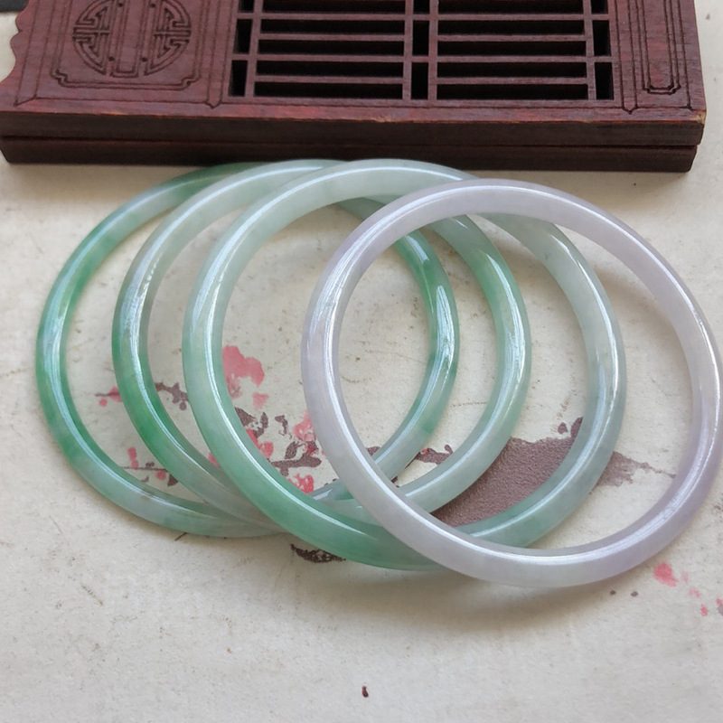 日本品质天然缅甸翡翠A货手镯冰种细圆条紫罗兰飘花对镯玉镯子叮