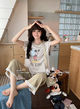 Gill Aimar小熊家睡衣女款夏季米奇条纹短袖八分裤家居服套装8530