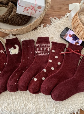 点睛之笔2026本命年开运红袜绵密慵懒法式大波点羊毛中筒袜DF
