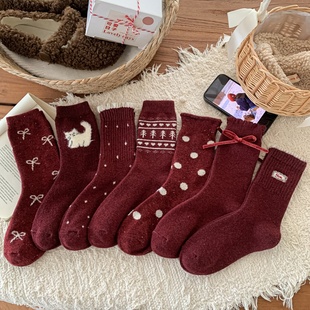 点睛之笔2026本命年开运红袜绵密慵懒法式 大波点羊毛中筒袜DF