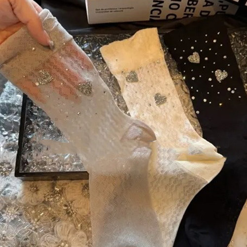 2双装 新品夏季薄卡丝欧货闪钻爱心ins条纹个性奢华女中筒袜DF