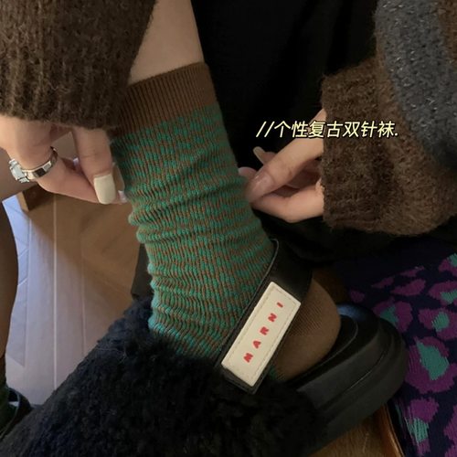 几何条纹女棉厚堆堆中筒袜