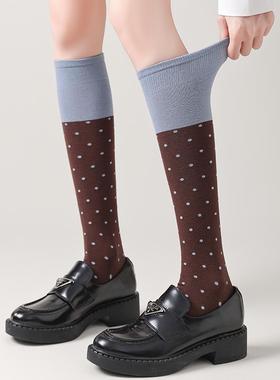 3双装 春夏点点拼接及膝小腿袜复古格雷灰清冷感出街法式可堆堆