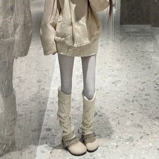 尽是阳光 奶白麻花粗线针织翻边加厚保暖纯色小腿袜套女 2025冬季