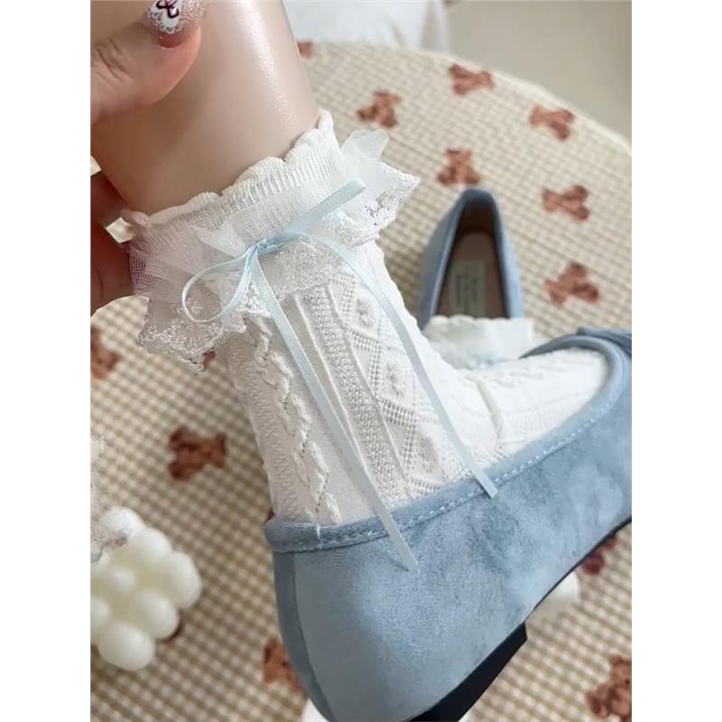 2双装 夏季薄款蕾丝花边短中筒袜浮雕麻花白色系甜美设计袜子少女