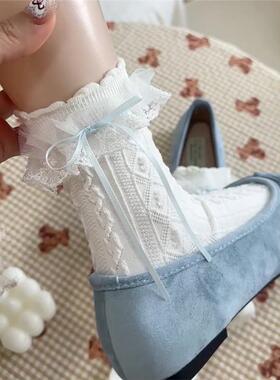 2双装 夏季薄款蕾丝花边短中筒袜浮雕麻花白色系甜美设计袜子少女