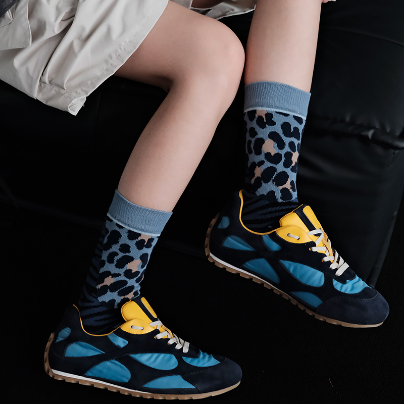 ZeroG 新品初秋灰蓝雪貂豹纹波点中筒袜子女中古日系原宿vintage