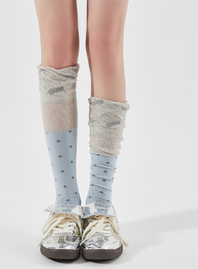 2双装 夏季薄款波点字母复古拼接松弛袜口设计小腿袜可堆堆慵懒风