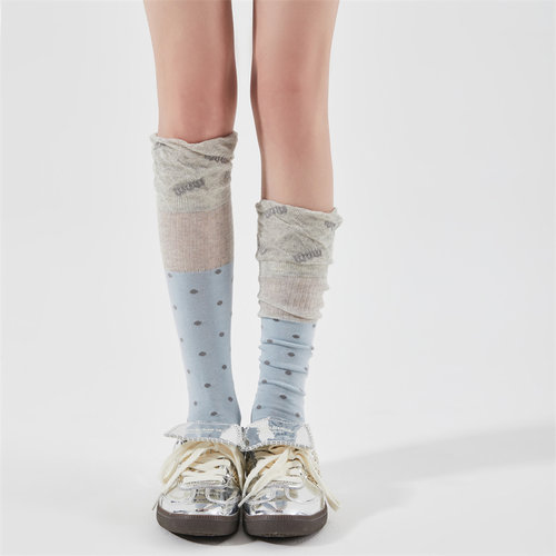 2双装 夏季薄款波点字母复古拼接松弛袜口设计小腿袜可堆堆慵懒风