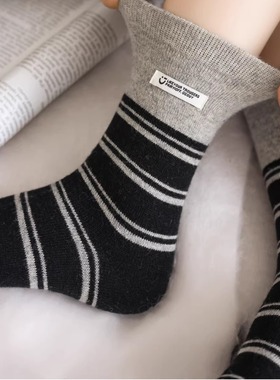 生活调色盘2026早春韩系千金感日系学院风条纹布标羊毛中筒袜DF
