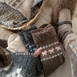 2025冬季 格雷系无骨羊毛加厚蝴蝶结保暖堆堆韩系ins女袜中筒袜DF
