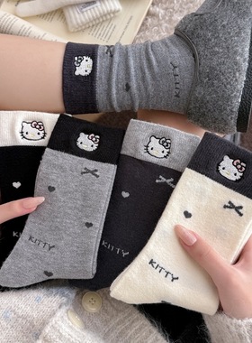 羊毛羊绒袜女秋冬可爱卡通猫咪刺绣中筒袜蝴蝶结保暖锁温堆堆袜DF