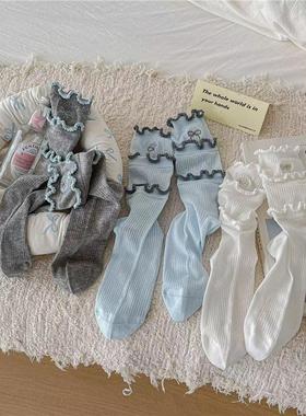 2双装 春夏蝴蝶结堆堆袜多层木耳边格雷灰莫兰迪中筒袜韩系ins