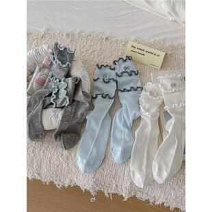 2双装 春夏蝴蝶结堆堆袜多层木耳边格雷灰莫兰迪中筒袜韩系ins