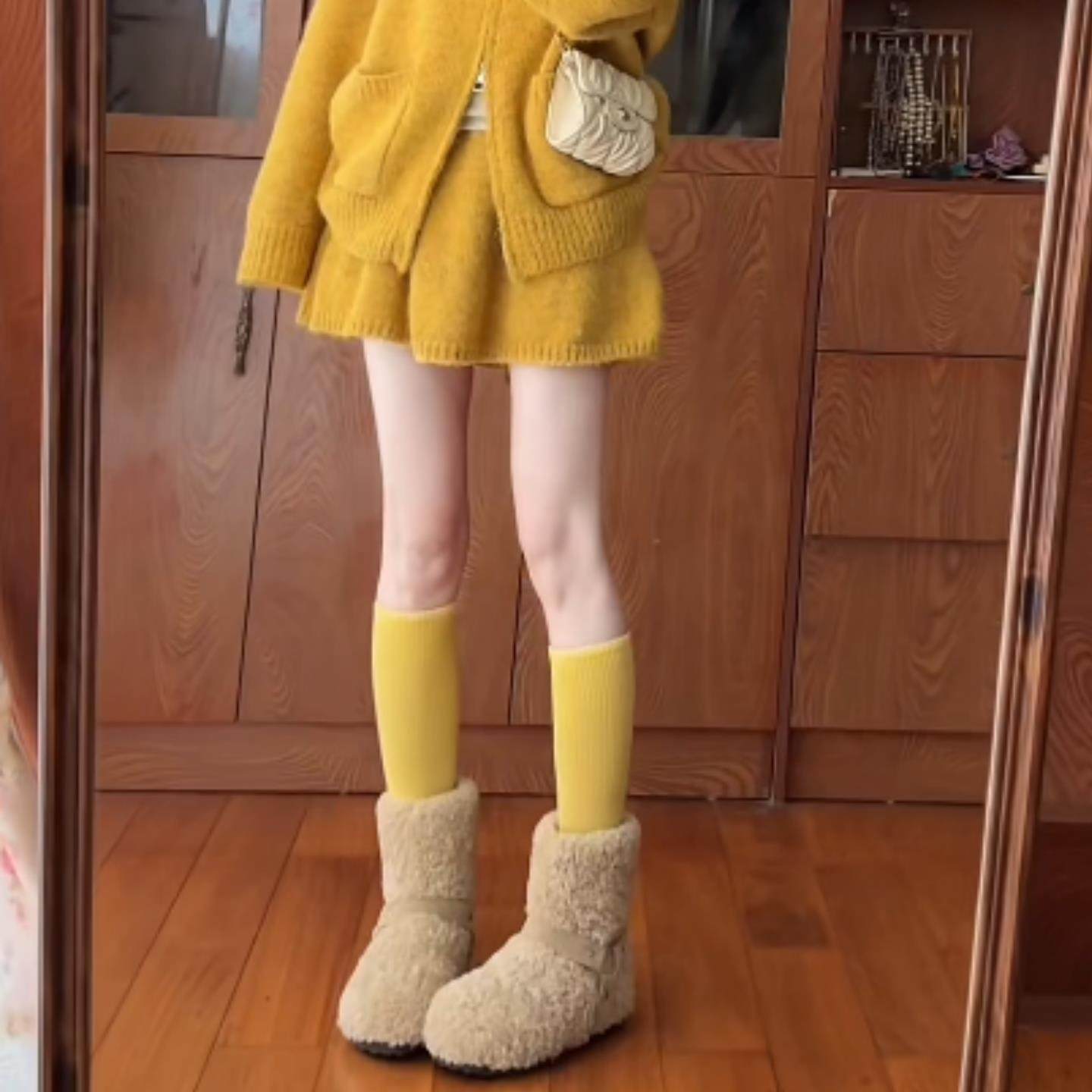 2026早春新款活力感黄色小腿袜保暖护腿泡泡袜针织堆堆高筒袜女DF