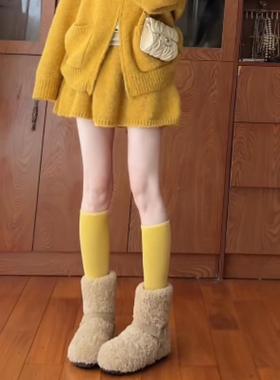 2026早春新款活力感黄色小腿袜保暖护腿泡泡袜针织堆堆高筒袜女DF
