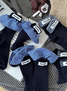 2双装 miu系格子翻边双罗口中筒袜小众复古风法式女
