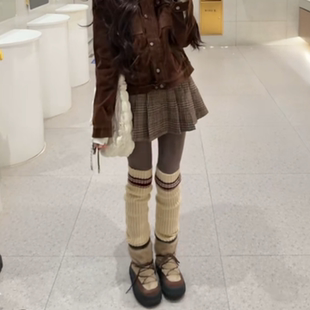 温柔坚定 美拉德条纹复古针织加厚保暖护膝长筒袜套女DF 2025冬季