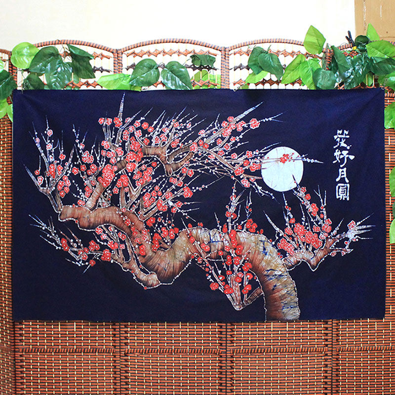 手工艺蜡染画花好月圆挂画家居餐厅茶艺背景墙装饰布艺画茶几桌布