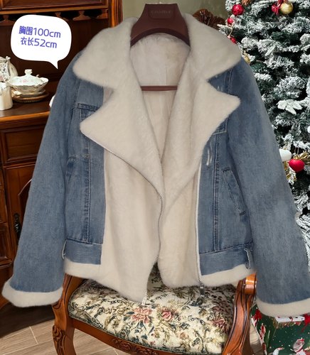 时尚宽松休闲内里水貂绒牛仔外套短款柔软舒适
