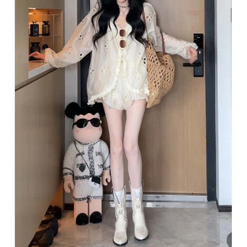 夏款梦溪洛花甜美V领花边镂空花朵宽松衬衫+高腰短裤套装女2025新