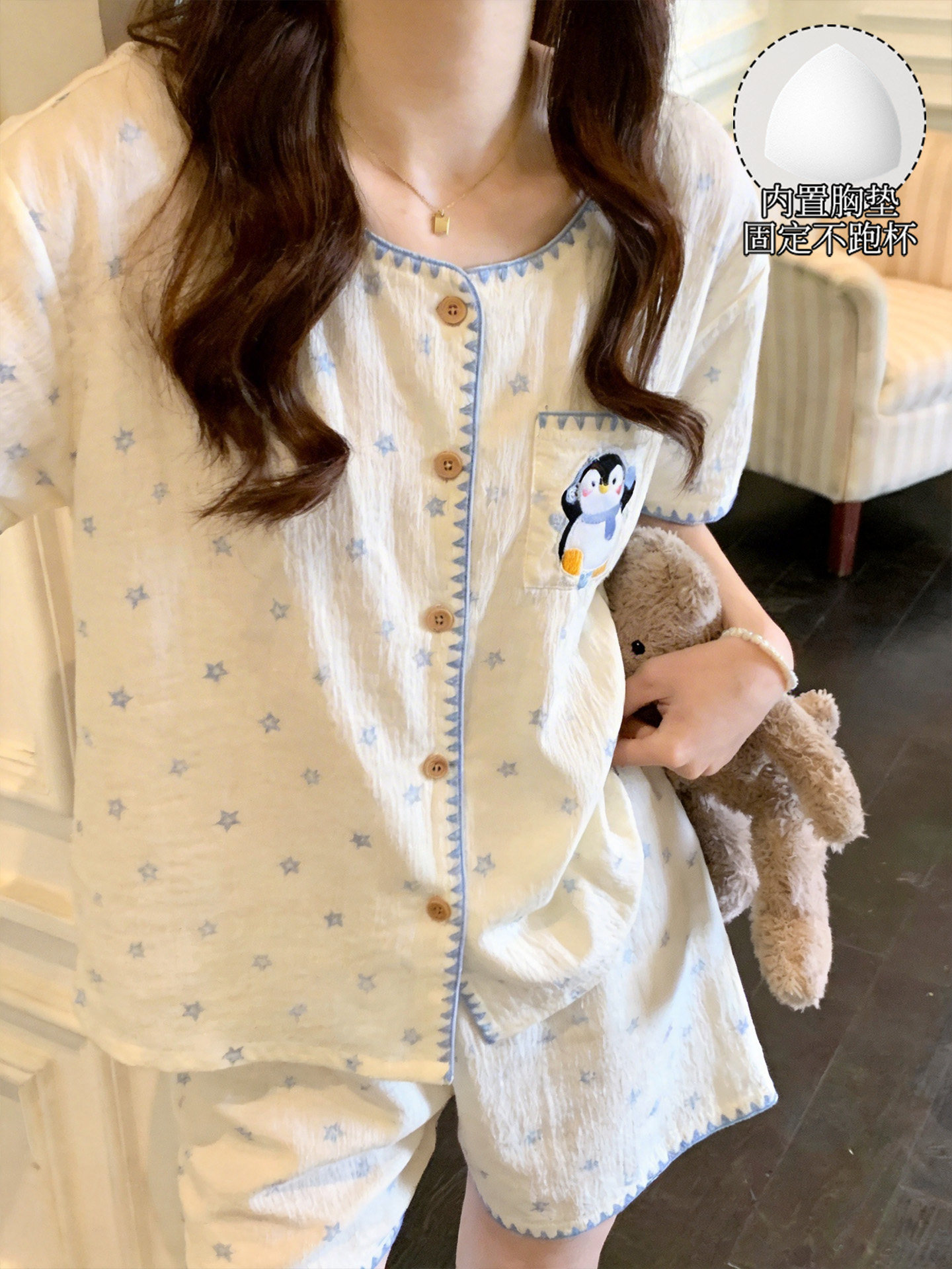 Pinqvin naxışlı qadın pijama dəsti, yay üçün yüngül ev geyimi
