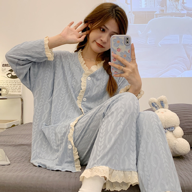 봄 가을 겨울 전 단계용 플러스 사이즈 수유복 수유 임산부 잠옷 여성용 순면 셔츠 긴팔 가정복 슈트