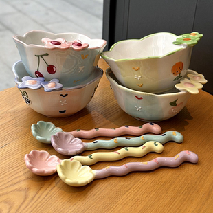 ins风少女心立体花朵浮雕釉下彩清新家用甜品水果麦片陶瓷米饭碗