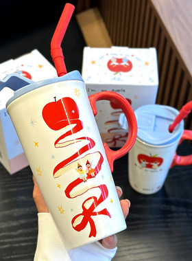 喜庆苹果吸管陶瓷马克杯大容量家用办公室喝水杯男女学生礼物杯子