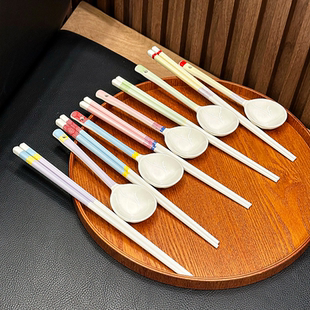 陶瓷筷子马克龙撞色设计少女心彩色ins家用陶瓷勺子套装礼盒5双装