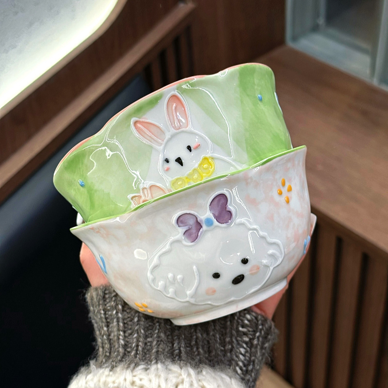 可爱少女心浮雕釉下彩家用米饭碗陶瓷水果沙拉甜品碗高颜值情侣碗