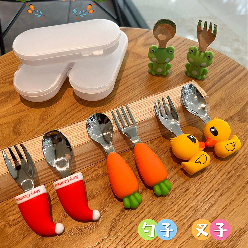宝宝学吃饭训练卡通叉勺子304不锈钢硅胶防滑婴儿辅食勺自主进食