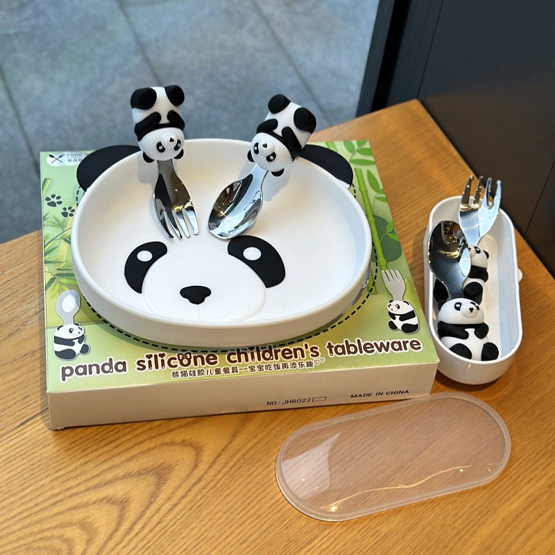 卡通可爱熊猫不锈钢叉勺家用儿童宝宝吃饭短勺叉水果叉辅食餐具套