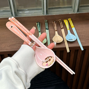 少女心可爱蜡笔小新陶瓷勺米饭勺调羹汤勺大号陶瓷筷子耐高温餐具