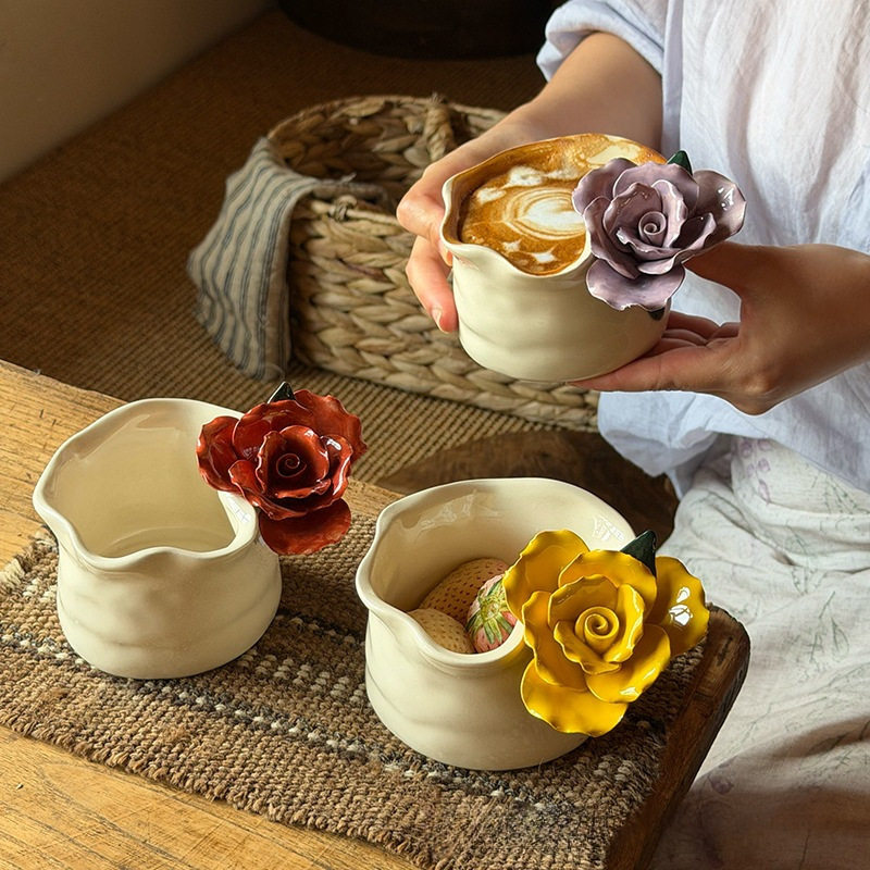 中古手作手捏玫瑰花咖啡杯陶瓷小众高颜值杯子手握杯不规则马克杯