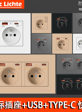 法国法标16A二圆孔插座带USB充电Type-C20W快充法式电源插座面板