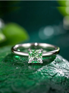 公主方祖母绿925银电镀戒指女