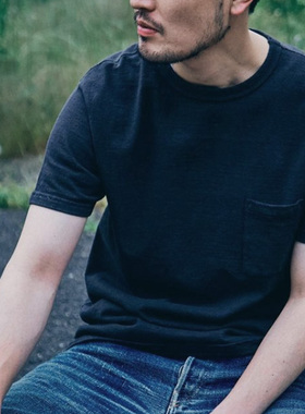 日本SAMURAI JEANS SJST-SC03武士和棉劲草木染纯色复古短袖T恤