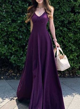 紫色系带V领吊带连衣裙女夏季高级感辣妹收腰显瘦小个子a字中长裙