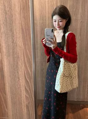 收腰碎花吊带连衣裙女两件套装