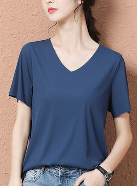 莫代尔棉冰丝面膜短袖t恤女夏黑色紧身螺纹薄款修身粉紫色上衣潮T